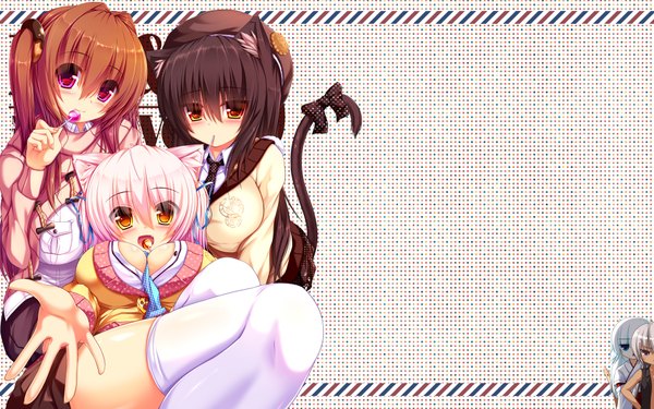 Anime picture 1920x1200 with original shia flatpaddy mia flatpaddy cassini m bisuko syroh long hair looking at viewer highres short hair breasts light erotic black hair brown hair wide image large breasts purple eyes multiple girls brown eyes animal ears yellow eyes