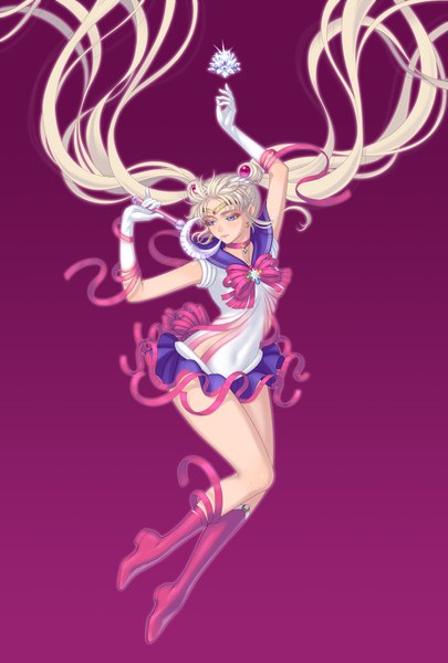 Anime picture 1388x2056 with bishoujo senshi sailor moon toei animation tsukino usagi sailor moon eclosion single tall image blue eyes blonde hair twintails very long hair purple background girl skirt gloves hair ornament ribbon (ribbons) miniskirt sailor suit