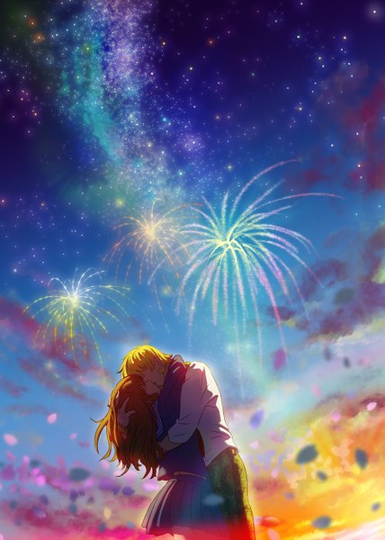 Anime picture 1000x1400 with fate (series) fate/zero fate/extra fate/extra ccc type-moon gilgamesh (fate) female protagonist (fate/extra) goenitzchild long hair tall image short hair blonde hair brown hair sky couple fireworks multicolored girl boy uniform