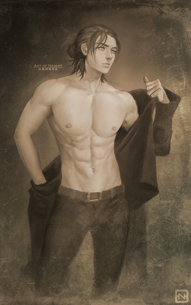 Anime picture 800x1280 with shingeki no kyojin production i.g eren yaeger artofneight single tall image fringe short hair light erotic black hair simple background standing signed looking away nipples realistic open jacket half updo muscle abs