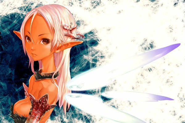 Anime picture 1024x685 with redjuice single long hair breasts light erotic brown eyes pink hair cleavage pointy ears elf girl hair ornament wings