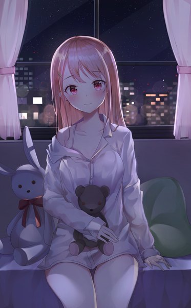 Anime picture 2492x4000 with original ds a single long hair tall image looking at viewer blush fringe highres sitting pink hair indoors long sleeves head tilt pink eyes off shoulder night night sky thigh gap lens flare