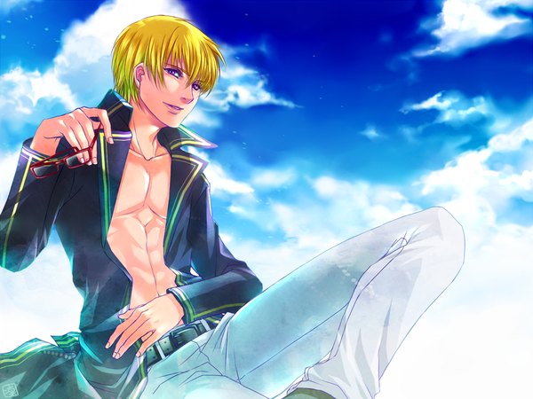 Anime picture 1200x900 with original rin-shiba single short hair light erotic blonde hair purple eyes sky cloud (clouds) open clothes muscle boy glasses belt