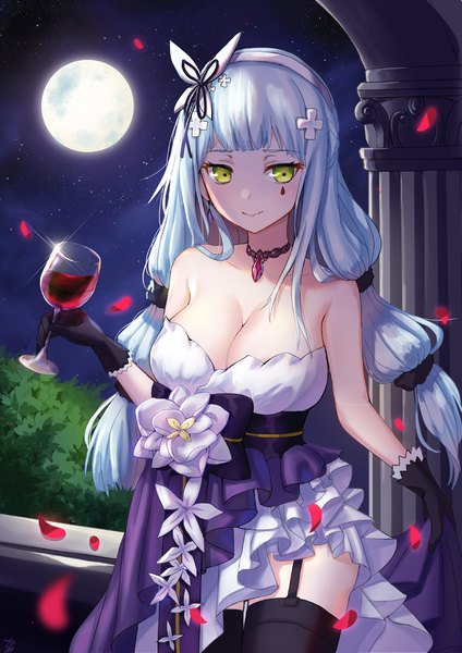 Anime picture 800x1131 with girls frontline hk416 (girls frontline) kong (ksw2801) single long hair tall image looking at viewer fringe breasts light erotic smile large breasts standing holding green eyes cleavage silver hair blunt bangs night night sky