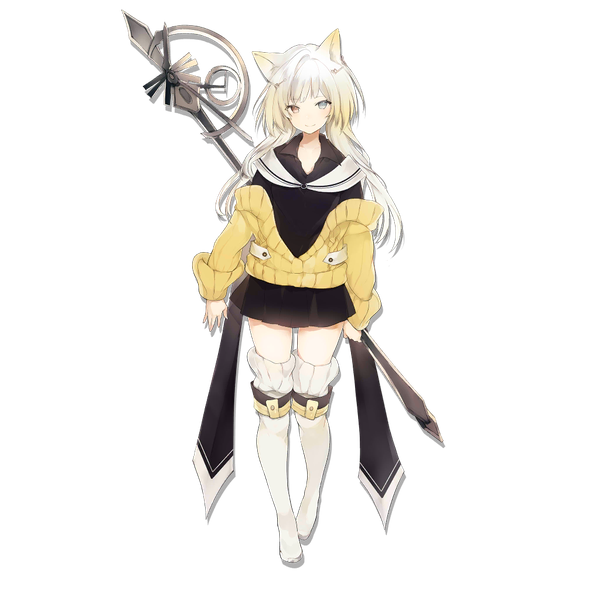 Anime picture 1024x1024 with arknights nightmare (arknights) lpip single long hair looking at viewer blonde hair smile standing animal ears full body official art zettai ryouiki heterochromia transparent background girl weapon boots thigh boots cardigan