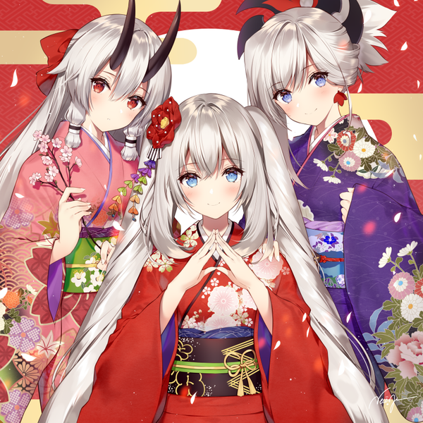 Anime picture 800x800 with fate (series) fate/grand order miyamoto musashi (fate) tomoe gozen (fate) marie antoinette (fate/grand order) necomi (gussan) long hair looking at viewer blush fringe blue eyes smile hair between eyes red eyes standing twintails multiple girls holding payot silver hair