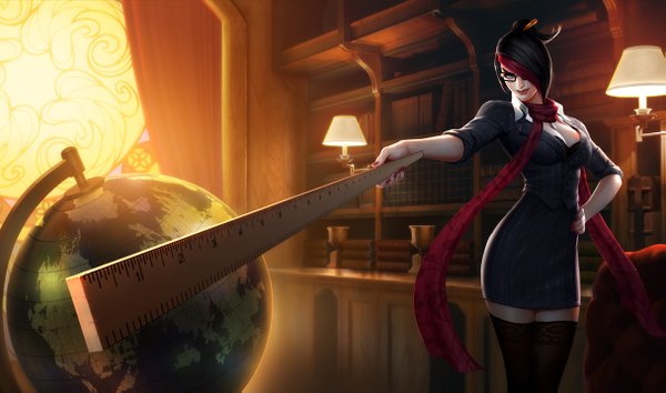 Anime picture 1215x717 with league of legends fiora (league of legends) single fringe blue eyes black hair wide image hair over one eye hand on hip girl thighhighs skirt black thighhighs glasses scarf book (books) skirt set lamp globe ruler