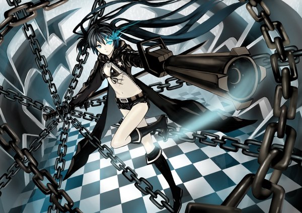 Anime-Bild 3508x2480 mit black rock shooter black rock shooter (character) suya (suya000) single highres blue eyes black hair looking away absurdres very long hair glowing scar glowing eye (eyes) checkered floor floor girl weapon shorts gun short shorts