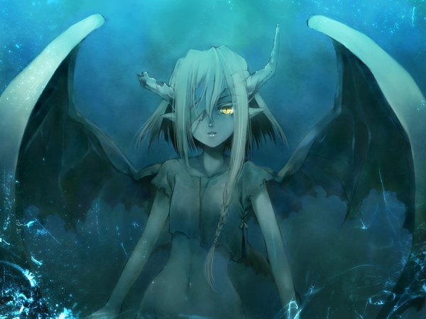Anime picture 1024x768 with original touto seiro horn (horns) pointy ears demon girl bat wings demon girl wings