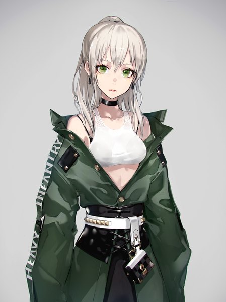 Anime picture 708x946 with original yucca-612 (neco) single long hair tall image looking at viewer fringe breasts light erotic simple background hair between eyes standing green eyes white hair ponytail off shoulder grey background partially open clothes unbuttoned girl