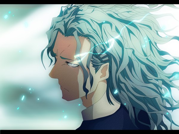 Anime picture 2000x1500 with tiger & bunny sunrise (studio) yuri petrov zen33n single long hair highres aqua hair glowing wavy hair glowing eye (eyes) boy hair ornament hairclip