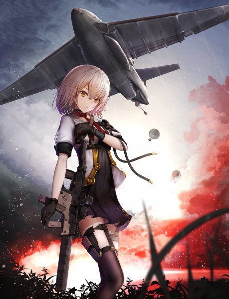 Anime picture 918x1200 with girls frontline vector (girls frontline) shumeia single tall image looking at viewer blush fringe short hair hair between eyes standing yellow eyes sky silver hair cloud (clouds) bent knee (knees) outdoors wind smoke girl