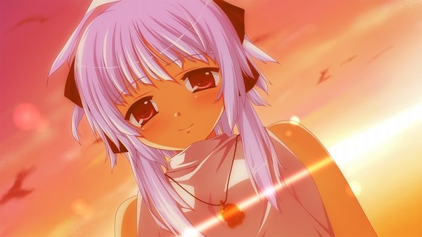 Anime picture 1280x720 with fortissimo//akkord:bsusvier (game) ooba kagerou blush short hair red eyes wide image game cg white hair evening sunset girl