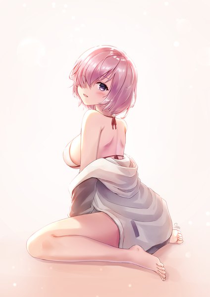 Anime picture 1273x1800 with fate (series) fate/grand order mash kyrielight sebu illust single tall image looking at viewer fringe short hair breasts open mouth light erotic simple background large breasts white background sitting purple eyes pink hair full body :d