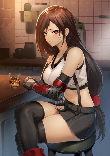 Anime picture 1254x1771 with final fantasy final fantasy vii square enix tifa lockhart pyz (cath x tech) single long hair tall image looking at viewer blush black hair red eyes indoors parted lips midriff crossed legs girl thighhighs skirt navel