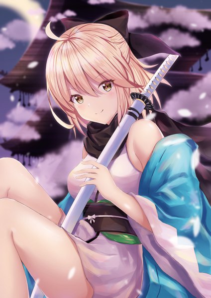 Anime picture 917x1298 with fate (series) fate/grand order okita souji (fate) (all) okita souji (koha-ace) aihime riyo single tall image looking at viewer blush fringe short hair breasts blonde hair smile hair between eyes sitting bare shoulders holding yellow eyes cloud (clouds)