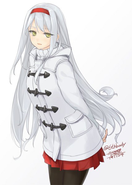 Anime picture 570x800 with kantai collection shoukaku aircraft carrier rokuwata tomoe single long hair tall image looking at viewer fringe simple background smile standing white background yellow eyes white hair parted lips pleated skirt leaning leaning forward hands behind back girl