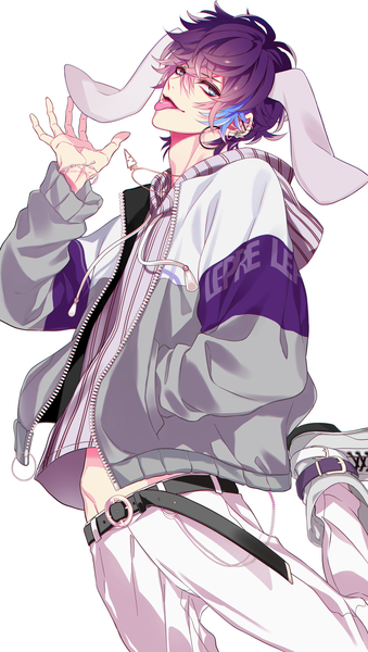 Anime picture 1695x2995 with original asarai single tall image looking at viewer fringe short hair blue eyes simple background hair between eyes white background animal ears purple hair bent knee (knees) head tilt multicolored hair arm up open jacket two-tone hair midriff