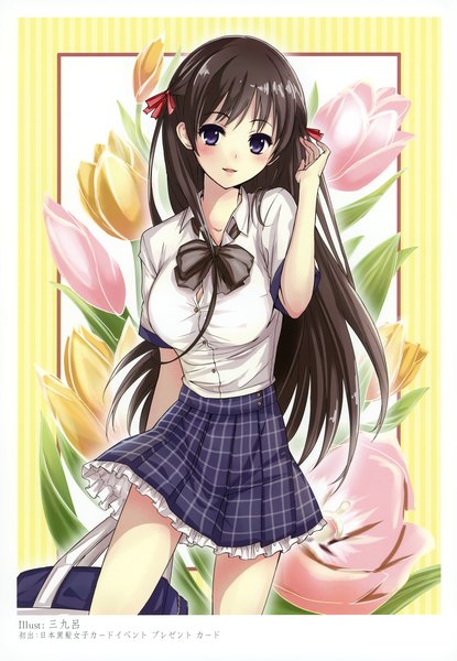 Anime picture 2406x3475 with original sankuro single long hair tall image looking at viewer blush highres blue eyes black hair scan girl skirt uniform flower (flowers) school uniform school bag