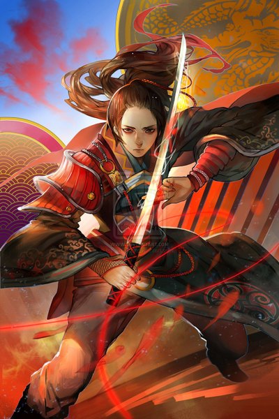 Anime picture 1024x1536 with terrie923 single long hair tall image looking at viewer brown hair brown eyes sky cloud (clouds) ponytail traditional clothes watermark fighting stance boy weapon sword armor