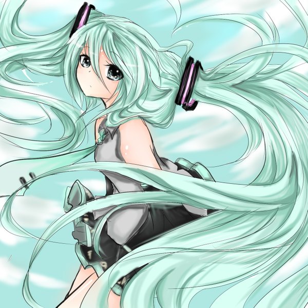 Anime picture 1417x1417 with vocaloid hatsune miku kitto single looking at viewer fringe twintails bare shoulders very long hair aqua eyes aqua hair girl skirt detached sleeves necktie