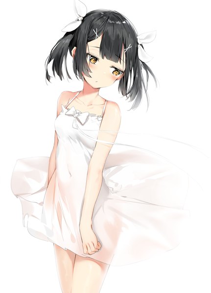 Anime picture 2800x3900 with fate (series) fate/stay night fate/kaleid liner prisma illya miyu edelfelt silver (chenwen) single tall image blush fringe highres short hair black hair simple background standing white background twintails bare shoulders yellow eyes payot covered navel