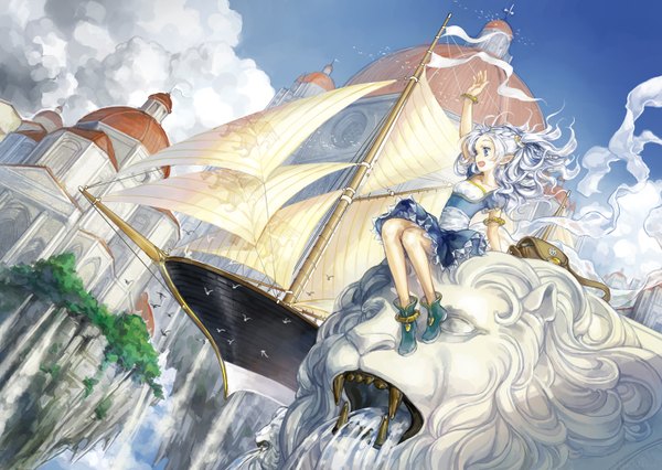 Anime picture 1440x1024 with original jane mere long hair open mouth blue eyes sky cloud (clouds) white hair pointy ears teeth fang (fangs) city waterfall floating island girl dress animal water shoes bracelet