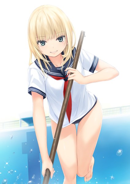 Anime picture 850x1200 with original mele retanagua coffee-kizoku single tall image looking at viewer fringe short hair light erotic simple background blonde hair smile standing white background holding green eyes bent knee (knees) blunt bangs barefoot bare legs