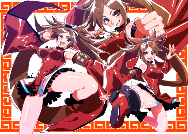 Anime picture 1120x800 with guilty gear kuradoberi jam pizaya open mouth light erotic smile brown hair brown eyes bent knee (knees) very long hair traditional clothes pantyshot chinese clothes framed jumping fighting stance hair rings multiple persona girl underwear