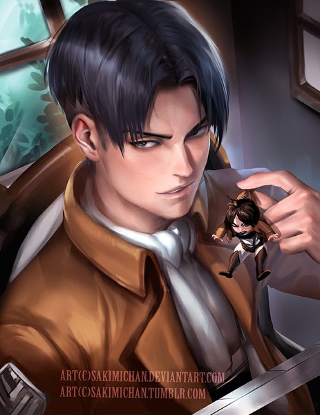 Anime picture 695x900 with shingeki no kyojin production i.g eren yaeger levi (rivaille) sakimichan tall image short hair open mouth blue eyes black hair brown hair holding signed looking away from above realistic multiple boys watermark boy uniform