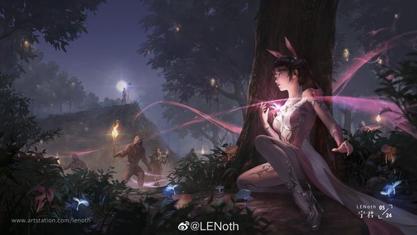Anime picture 4800x2701 with douluo continent xiao wu bibi dong (douluo dalu) yue guan (douluo dalu) lenoth long hair highres breasts black hair wide image standing sitting bare shoulders multiple girls holding signed animal ears looking away absurdres full body
