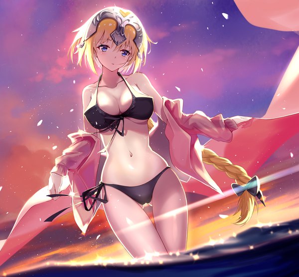 Anime picture 1800x1666 with fate (series) fate/grand order jeanne d'arc (fate) (all) jeanne d'arc (swimsuit archer) augu (523764197) single long hair looking at viewer blush highres breasts blue eyes light erotic standing holding payot sky cleavage cloud (clouds) outdoors