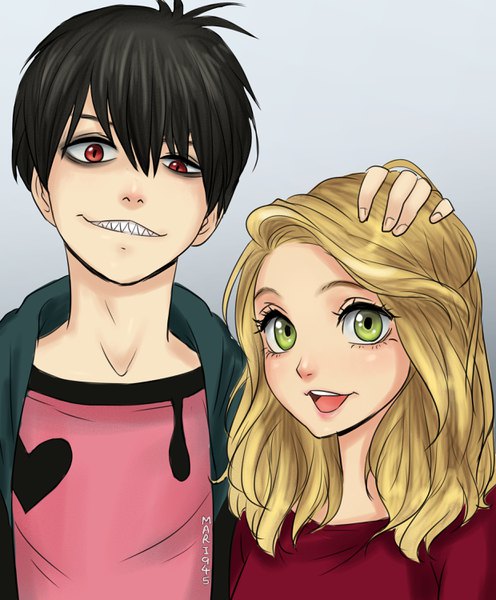 Anime picture 2480x3000 with blood lad original brains base (studio) charlie blood staz mari945 long hair tall image looking at viewer fringe highres short hair open mouth black hair blonde hair simple background smile hair between eyes red eyes green eyes signed