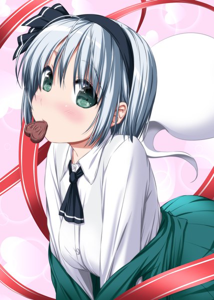 Anime picture 1488x2088 with touhou konpaku youmu myon nori tamago single tall image looking at viewer blush fringe short hair breasts hair between eyes holding green eyes silver hair long sleeves pleated skirt off shoulder leaning leaning forward