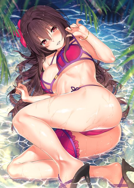 Anime picture 1037x1450 with fate (series) fate/grand order scathach (fate) (all) scathach (swimsuit assassin) (fate) kawai (purplrpouni) single long hair tall image looking at viewer blush fringe breasts light erotic hair between eyes red eyes brown hair large breasts bent knee (knees) ass lying