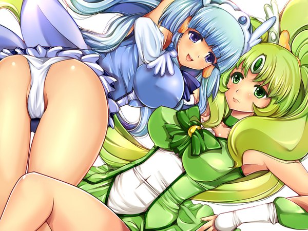 Anime picture 1500x1125 with precure smile precure! toei animation aoki reika midorikawa nao cure beauty cure march mimina long hair blush breasts open mouth light erotic large breasts purple eyes multiple girls green eyes blue hair ass green hair