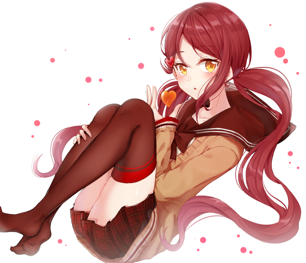 Anime picture 1431x1229 with love live! sunshine!! sunrise (studio) love live! sakurauchi riko zyenokana single long hair looking at viewer blush fringe open mouth simple background hair between eyes white background twintails yellow eyes payot bent knee (knees) red hair pleated skirt