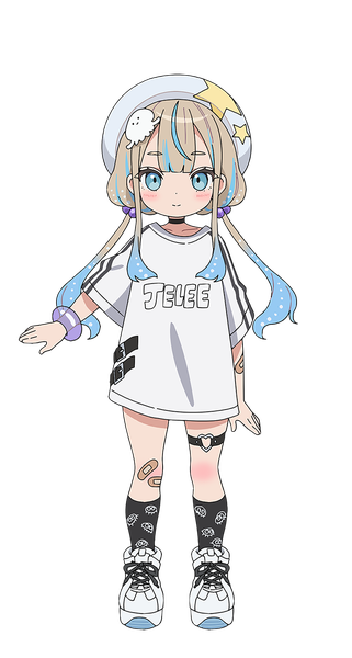 Anime picture 760x1420 with yoru no kurage wa oyogenai jelee-chan single long hair tall image looking at viewer blush blue eyes blonde hair smile standing twintails payot full body multicolored hair official art loli streaked hair low twintails transparent background