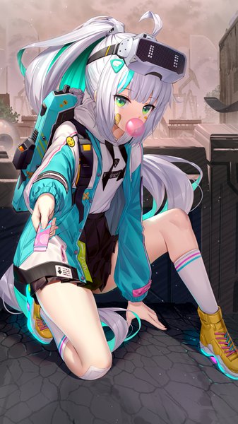 Anime picture 3240x5760 with goddess of victory: nikke espinel (nikke) ririko (zhuoyandesailaer) single tall image fringe highres green eyes payot absurdres silver hair ahoge ponytail very long hair multicolored hair open jacket two-tone hair streaked hair colored inner hair outstretched hand