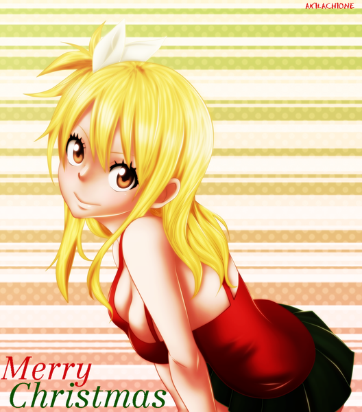 Anime picture 1078x1225 with fairy tail lucy heartfilia akilachione single long hair tall image blonde hair smile brown eyes pleated skirt coloring christmas merry christmas girl dress bow hair bow