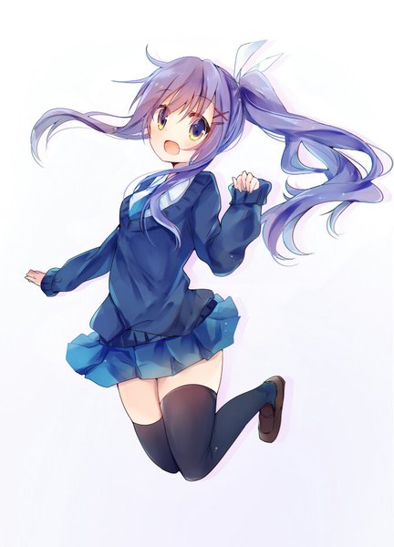 Anime picture 670x930 with original asanagi kurumi (panda-doufu) single long hair tall image looking at viewer open mouth simple background yellow eyes payot purple hair full body ponytail zettai ryouiki gradient background sleeves past wrists jumping girl thighhighs uniform