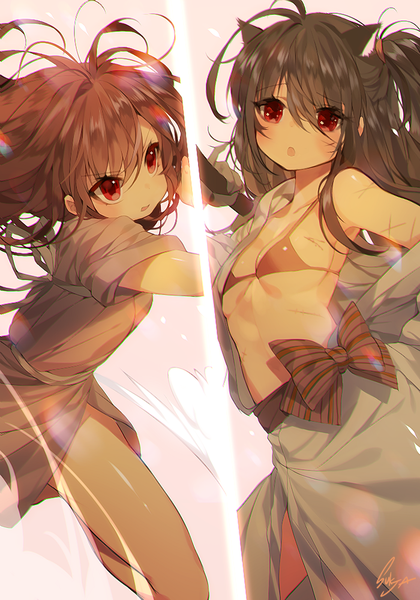 Anime picture 700x1000 with original sorolp long hair tall image light erotic red eyes brown hair bare shoulders multiple girls animal ears looking away cat ears bare belly anaglyph battle girl navel bow 2 girls lingerie