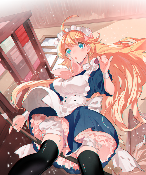 Anime picture 791x948 with original hi-ge single long hair tall image looking at viewer open mouth blue eyes blonde hair standing ahoge indoors from below maid girl thighhighs dress uniform black thighhighs frills