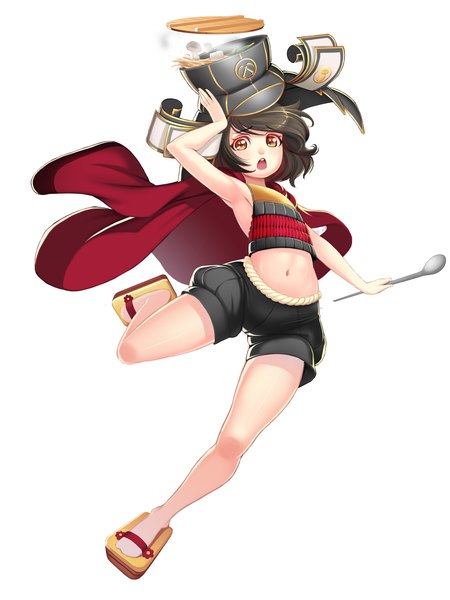 Anime picture 2400x3200 with original lucknight tall image highres short hair open mouth black hair simple background white background brown eyes midriff girl navel hat food
