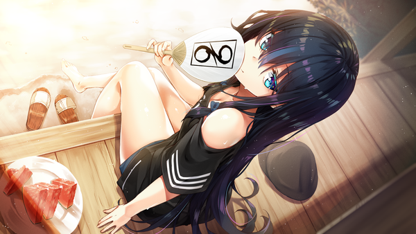 Anime picture 1920x1080 with original rozea (graphmelt) single long hair looking at viewer fringe highres blue eyes black hair hair between eyes wide image sitting holding looking back barefoot from above off shoulder wallpaper headwear removed girl