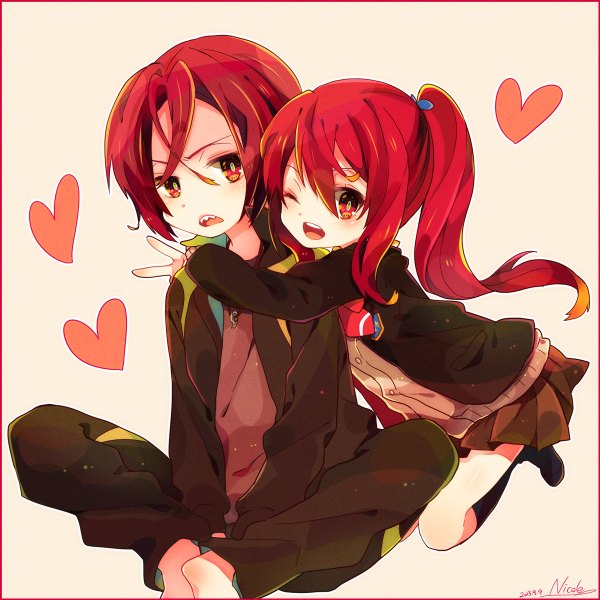Anime picture 1200x1200 with free! kyoto animation matsuoka rin matsuoka gou nicole (usako) long hair short hair open mouth red eyes signed ponytail red hair one eye closed pointy ears wink victory brother and sister girl boy uniform