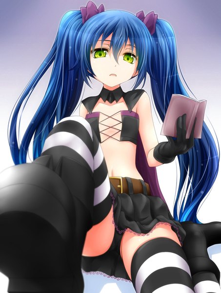 Anime picture 755x1000 with original watarui single tall image looking at viewer light erotic twintails holding green eyes blue hair bent knee (knees) very long hair parted lips pleated skirt bare belly from below gradient background leg lift (legs lift) lacing girl