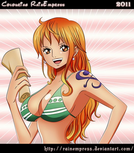 Anime picture 1024x1168 with one piece toei animation nami (one piece) rainempress single long hair tall image open mouth light erotic smile orange hair orange eyes tattoo coloring girl earrings bikini top