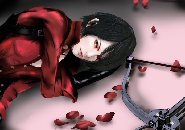 Anime picture 3508x2480 with resident evil ada wong candy-claire single looking at viewer fringe highres short hair black hair brown eyes absurdres lying lips realistic open shirt lipstick girl gloves weapon shirt