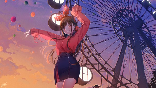 Anime picture 1920x1080 with idolmaster idolmaster shiny colors sonoda chiyoko kuri choko single long hair looking at viewer blush fringe highres breasts smile red eyes brown hair wide image standing signed sky cloud (clouds) outdoors